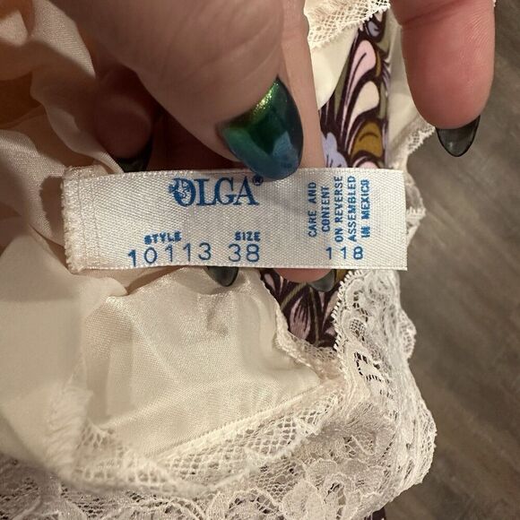 Vintage '60s Olga Lace Trim V Neck Pink Satin Floral Camisole Tank Top Slip 38 - Picture 3 of 5